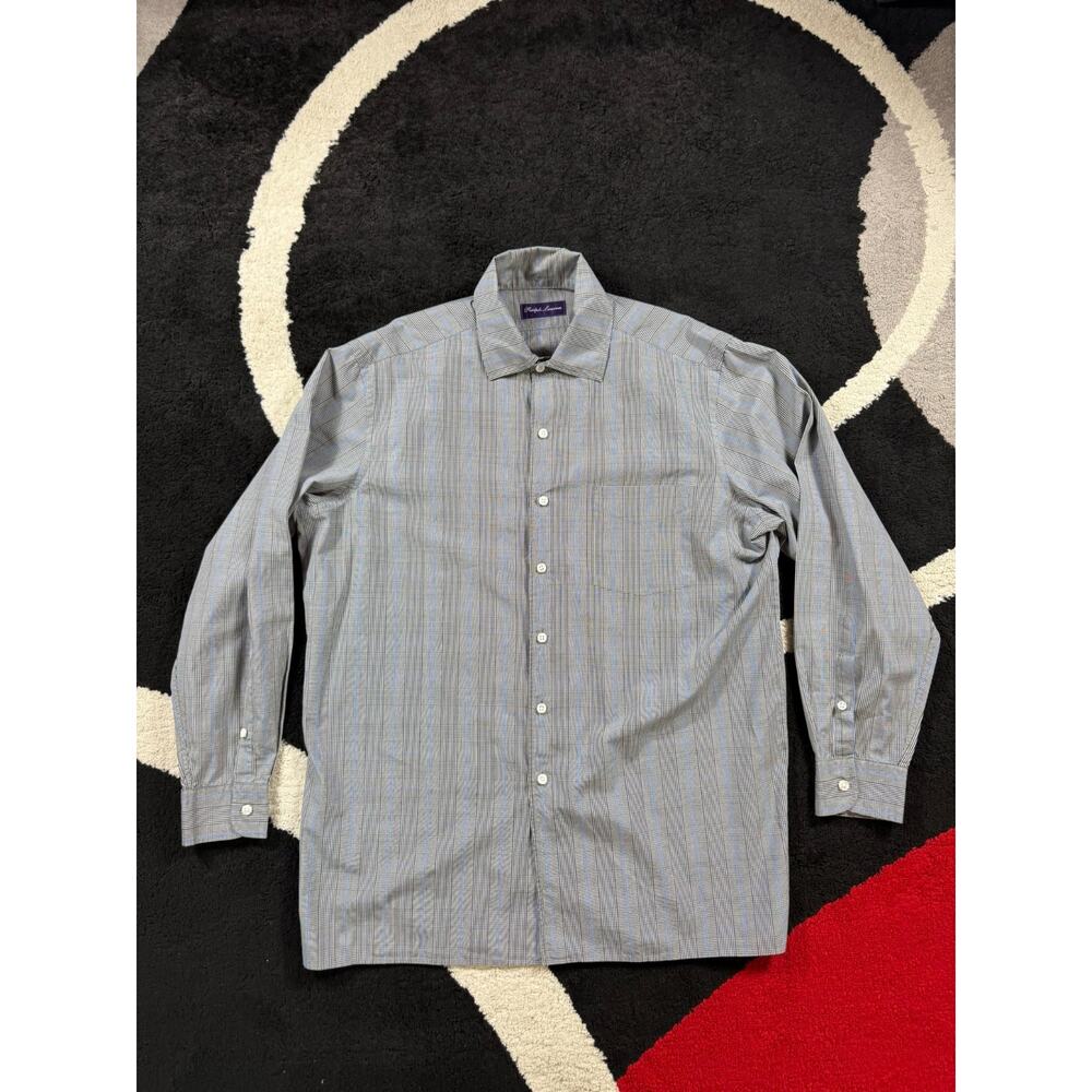 Ralph Lauren Dress Shirt Mens Large Purple Label Gray Blue Plaid Button Up Italy